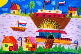 Лопатина Анастасия, 7 лет, Корабли на Волге, б., гуашь, пастель, ВОДХГ, г. Волгоград