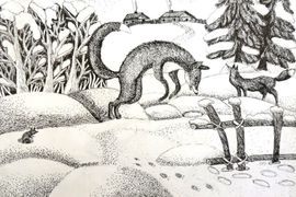 Фомина Мария, 13 лет, Лисы мышкуют, б., гел. ручка, ДШИ, р.п. Таврическое, Омская обл.