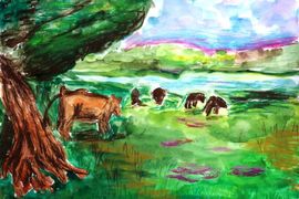 Шахиахметова Софья, 11 лет, Коровы на лугу, б., смеш. тех.