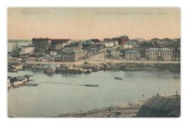 Панорама Зацарицынской части города (вторая часть). Сейчас Ворошиловский район. Крупнейшей улицей была Княгининская (ныне Рабоче-Крестьянская). Как и сейчас, вторая часть Царицына соединялась с центром города астраханским мостом.