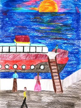 Меджидова Карина, 10 лет, по произведению Михаила Гринина Пароход идёт в Ростов, б., пастель, ДТ Русинка, г. Волжский 