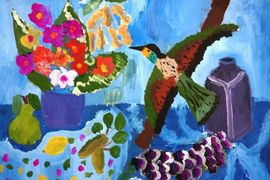 Мазур Игорь, 11 лет, Натюрморт с птичкой, б., гуашь