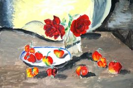 Машков Илья, 11 лет, Две тёмные розы и тарелка с клубникой, б., гуашь, г. Волгоград