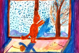 Антоник Полина, 9 лет, «И ловит кошка рыжая весёлых белых мух», б., смеш. тех., преп. Коваль Е.Е.
