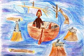 Аракчеев Кирилл, 8 лет, «Дед Мазай», б., цв. карандаши, преп. Коваль Е.Е.