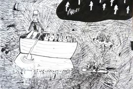 Арина Бутикова, 8 лет, «Дед Мазай», б., тушь, перо, преп. Коваль Е.Е.