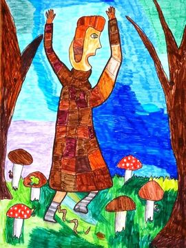 Архипцова Дарья, 9 лет, «Взгляни-ка, Савося, какое колечко!», б., фломастеры, преп. Коваль Е.Е.