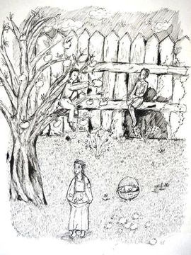 Могилина Софья, 12 лет, «Коля Некрасов и крестьянские дети», тон. б., тушь, перо, преп. Коваль Е.Е.