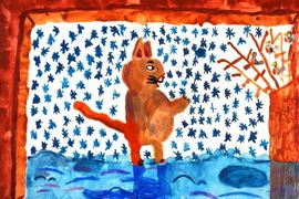 Мосейко Ирина, 8 лет, «Кошка ловит снежных мух», б., акварель, преп. Коваль Е.Е.