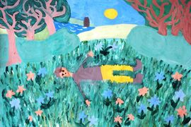 Баженова Вероника, 12 лет, «Когда закат прощальными лучами…», б., гуашь, преп. Кауркина Н.М.