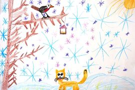 Дубровина Есения, 7 лет, «Как розовые яблоки на ветках снегири», б., восковые мелки, преп. Вишневецкая Л.Н.
