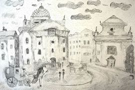 Ефанова Марина, 16 лет, «Размышление у парадного подъезда», б., гелиевая ручка, преп. Максимов В.П