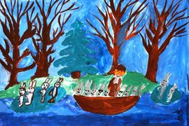 Король Екатерина, 8 лет, «Спасение зайчиков», б., гуашь, преп. Вишневецкая Л.Н.