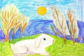 Нетипан Лилия, 8 лет, «Глядь, у куста копошится зайчиха…», б., восковые мелки, преп. Вишневецкая Л.Н.
