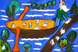Джалал Ольга, 9 лет, «Дед Мазай и зайцы», б., гуашь, преп. Иванова О.В.