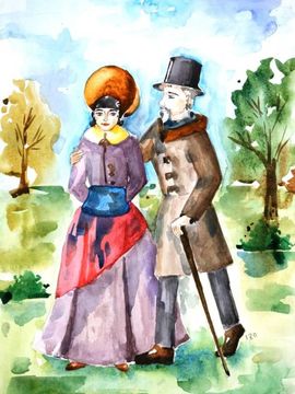 Мазур Ева, 14 лет, «Прогулка с прекрасной незнакомкой», б., акварель, преп. Мазилова А.А.