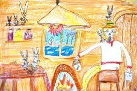 Блохина Ирина, 8 лет, «За ночь больные мои отогрелись», б., восковые мелки, преп. Матвеенко И.В.