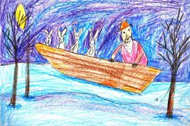 Крылова Дарья, 8 лет, «Дед Мазай спасает зайцев», б., восковые мелки, преп. Матвеенко И.В.