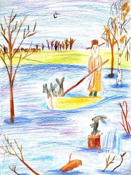 Мищенко Надежда, 9 лет, «Дед Мазай и зайцы», б., цв. карандаши, преп. Матвеенко И.В.