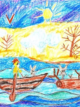 Петрова Полина, 8 лет, «Мимо бревно суковатое плыло», б., восковые мелки, преп. Матвеенко И.В.