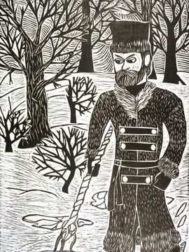 Рожковец Алексей, 13 лет, «Мороз воевода», линогравюра, преп. Конюхова С.А.