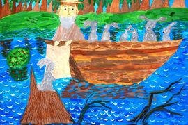 Филонова Вероника, 9 лет,  «Дед Мазай и зайцы», б., гуашь, преп. Кутькина В.А.