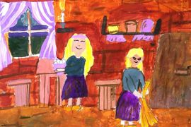 Абакаева Юлия, 8 лет, По произведению «Крестьянские дети», «Маленькие хозяюшки», б., гуашь, преп. Кажарская Л.В.