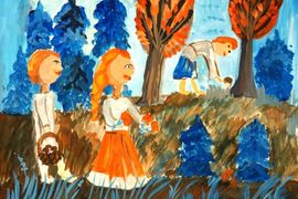 Денисова Марина, 8 лет, По произведению «Крестьянские дети» «По грибы», б., гуашь, преп. Кажарская Л.В.