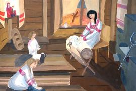 Сушенцова Виктория, 12 лет, «Крестьянские дети», б., гуашь, преп. Коба В.Ю.
