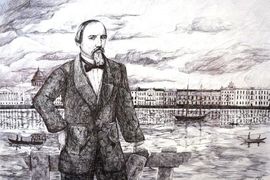 Пергаев Илья, 15 лет, «Прогулка Н.А. Некрасова на набережной Невы», б., гелиевая ручка, преп. Столярова Н.Г.