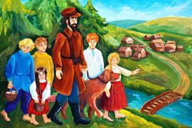 Александрова Полина, 13 лет, «Н.А. Некрасов и крестьянские дети», б., гуашь, преп. Фрезе Н.Б.