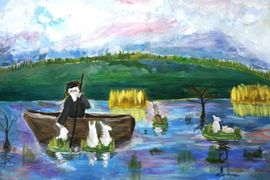 Дупленко Маргарита, 14 лет, «Дед Мазай и зайцы», б., гуашь, преп. Величко Н.А.