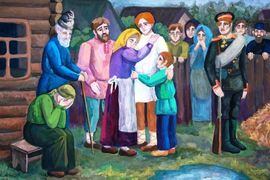 Рыбалка Ангелина, 13 лет, «Прощание. Рекрутский набор», б., гуашь, преп. Фрезе Н.Б.