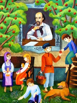 Серединская Анастасия, 13 лет, « Крестьянские дети. Вдохновение», б., гуашь, преп. Фрезе Н.Б.