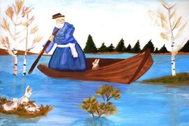 Кобозева Таисия, 13 лет, «Дед Мазай и зайцы», б., гуашь, преп. CухоруковаЛ.Г.