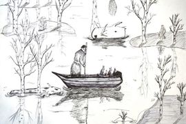 Турянская Анастасия, 13 лет, «Дед Мазай и зайцы», б.. гелевые ручки,преп. Cухорукова  Л.Г