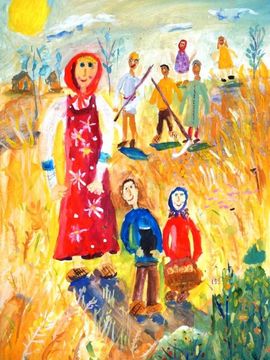 Агапова Арина, 9 лет, «Обед в поле», б., гуашь, преп. Савич А.С.