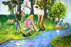 Савич Екатерина, 11 лет, «Дети у речки», б., гуашь, преп. Комплектов А.И.