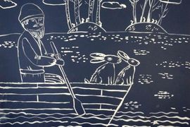 Азовцева Елизавета, 12 лет, «Дед Мазай и зайцы», б., гуашь, преп. Ковешникова Т.В.