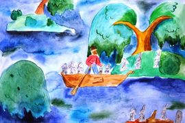 Кравченко Кира, 11 лет, «Дед Мазай и зайцы», б., акварель, преп. Ковешникова Т.В.