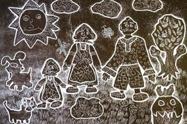 Алкова Карина, 12 лет, «Помогаю бабушке и дедушке в огороде», б., гравюра на картоне, ДХШ, г. Каспийск, респ. Дагестан, Россия. 
