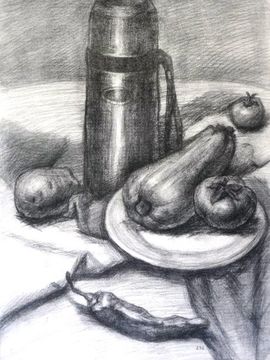 Ли Миао, 16 лет, «Натюрморт с чайником», б., карандаш, Средняя школа №2, г. Цюйцзин, Китай
