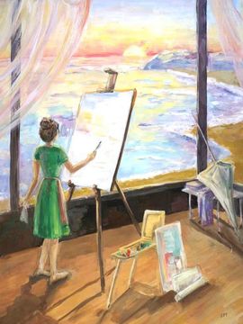 Магомедова Аминат, 15 лет, «Мастерская с видом на море», б., гуашь,  ДХШ, с. Дивное, Ставропольский край. 