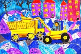 Набокова Софья, 8 лет, «Уборка снега в городе», б., фломастеры, ХШ №6, г. Междуреченск, Кемеровская обл. 