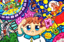 Сан Юхань, 8 лет, «В далёкий космос!», б., фломастеры, Средняя школа №2, г. Цзилинь, Китай 