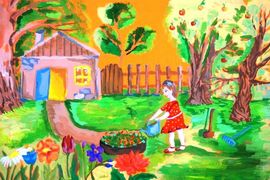 Асанова Екатерина, 12 лет, «Дачница», б., гуашь, ДХШ, г. Павлодар, респ. Казахстан