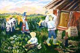 Деткова Татьяна, 14 лет, «Деревенские заботы», б., гуашь, ДХШ, г. Шуя, Ивановская обл.