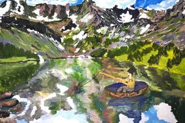Конопатина  Анастасия, 12 лет, «Рыбалка на горном озере», б., гуашь, ДХШ №3, г. Пенза
