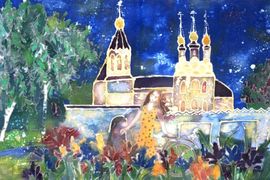 Корпачева Ульяна, 13 лет, «Утро у храма», х.б ткань, батик, ДХШ им. И.С. Куликова, г. Муром, Владимирская обл.