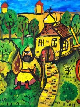 Демидова Екатерина, 9 лет, «Подготовка к бою», б., гуашь, преп. Степанова Е.Е.
